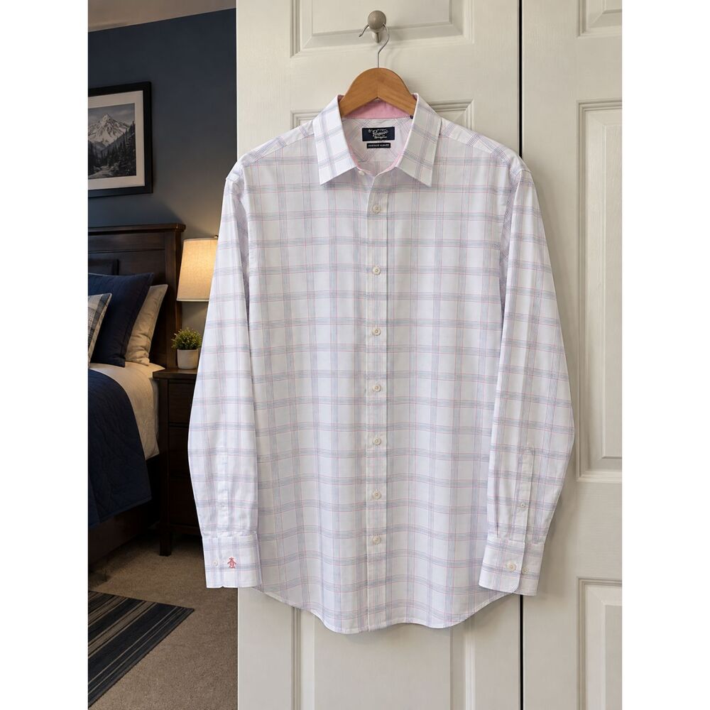 Original Penguin Heritage Slim Fit Shirt Mens 17x35 White Pink Blue Plaid Egypt